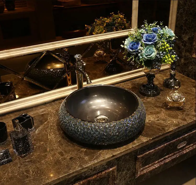 Художественной Ручной работы синий выгравированы столешницы круглый lavobo Керамика Ванная комната раковина