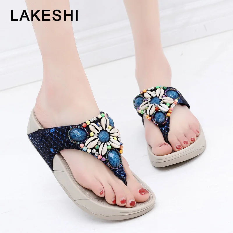 

2019 New Women Slippers Flip Flops Shoes Female Summer Beach Slippers Shell Bohemian Rhinestone Slippers Clip Feet Shoes Women