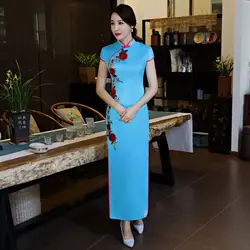 Притягательный. лёгкий синий женский длинный Cheongsam летнее винтажное платье Ципао в китайском стиле Тонкий Вечерние платья Кнопка Vestido Плюс