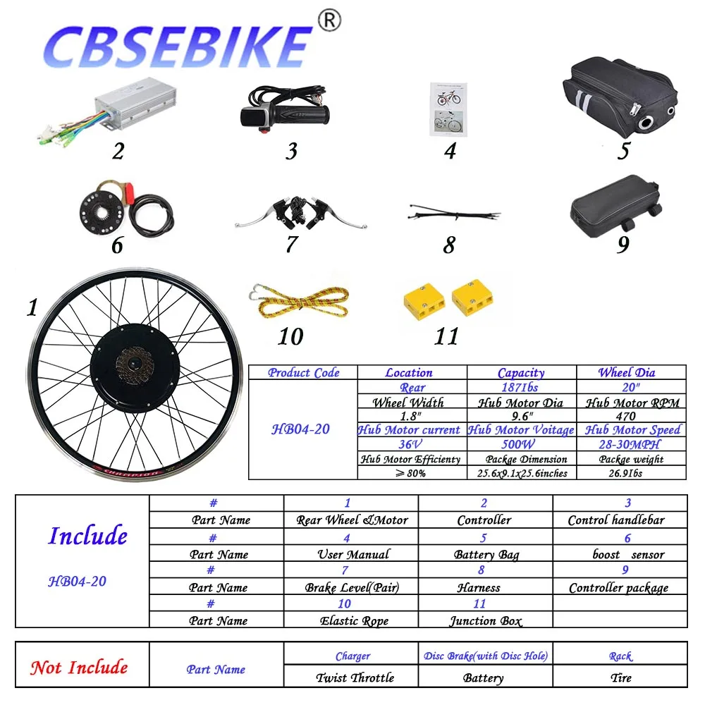 CBSEBIKE комплект для переоборудования электрического велосипеда 20 дюймов 36 в 48 в 250 Вт 500 Вт 1000 Вт светодиодный ЖК-дисплей eBike для заднего колеса велосипеда - Цвет: 20inch 36V500W  HB04