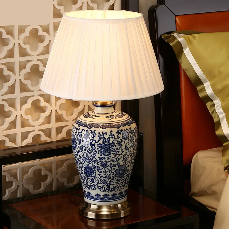 Высококачественный ручной работы элегантный китайский синий и белый керамический ткань Led E27 диммер настольная лампа для гостиной спальни H 58 см 1261