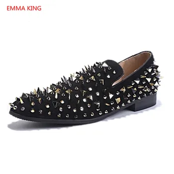 

2018 New Men Suede Shoes With Gold Black Spikes Fashion Party Wedding Men Loafers Slip On Driving Shoes Moccasins Shoe Slippers