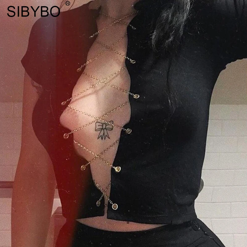 Sibybo/короткая Сексуальная футболка на шнуровке с металлической цепочкой, женская летняя стильная укороченная футболка с коротким рукавом, Женская Повседневная футболка