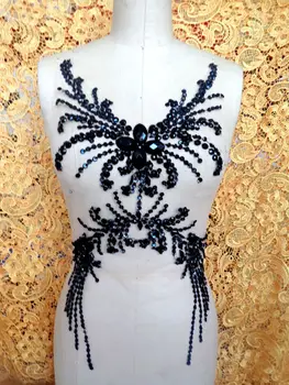 

A119 Pure hand made black sew on Rhinestones applique crystals patches 52*28cm DIY dress accessory