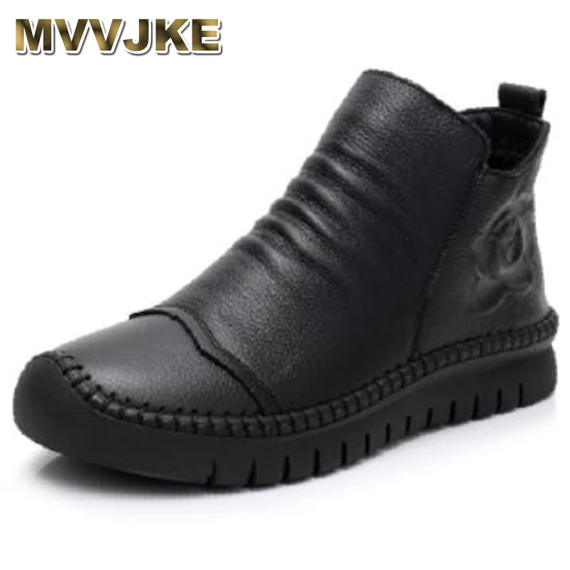 

MVVJKENew Women Snow Boots Handmade Sewing Genuine Leather Ankle Boots Soft Bottom Women Autumn Winter Warm Casual ShoesE010