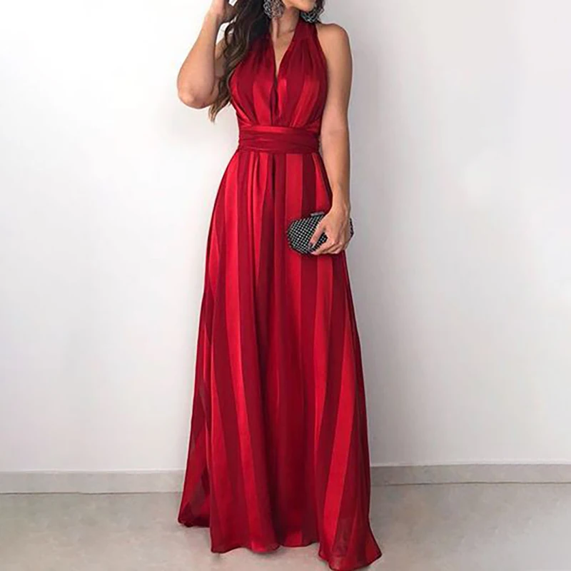

Women Striped V Neck Long Maxi Dress Sexy Sleeveless Belt Bow Decoration Beach Dresses Night Clubwear Female Vestidos 2019