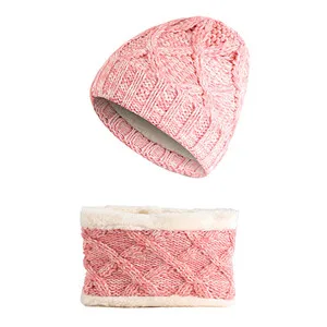 Зимняя детская шапка, шарф, комплект, зимняя теплая Толстая бархатная вязаная шерстяная шапка бини, толстая ветрозащитная вязаная шерстяная теплая шапка - Цвет: pink