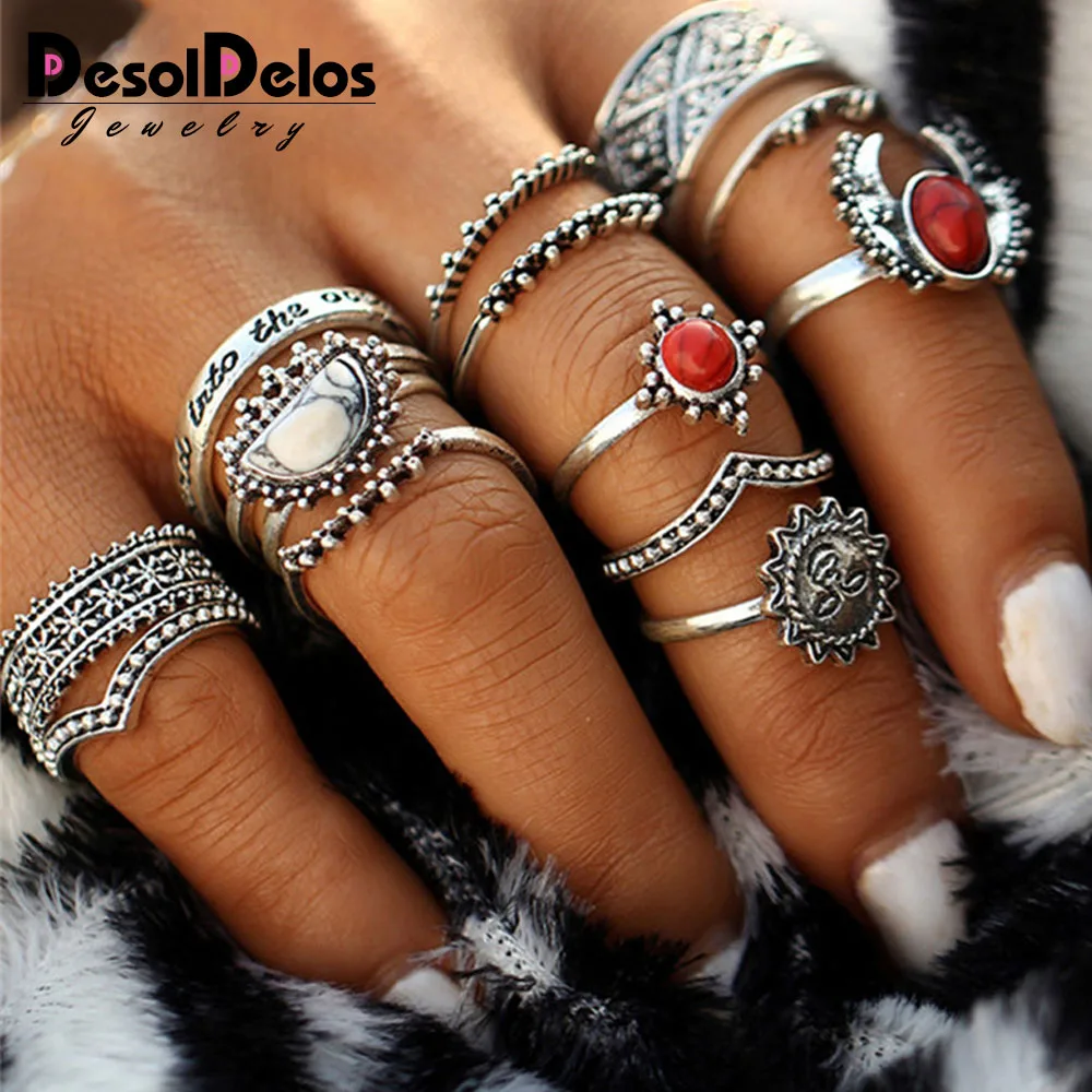 

14pcs/Set Vintage Antique Silver Color Moon And Sun Midi ring Sets for Women Natural Stone Knuckle Rings R014
