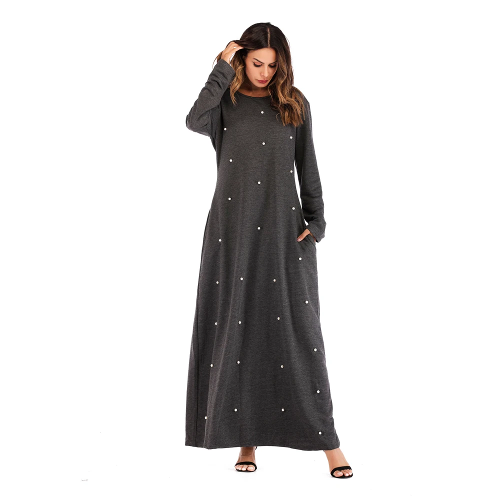 Скромная Мода хлопок с жемчугом мусульманское длинное платье абайя, кафтан мусульманская одежда Абая для женщин