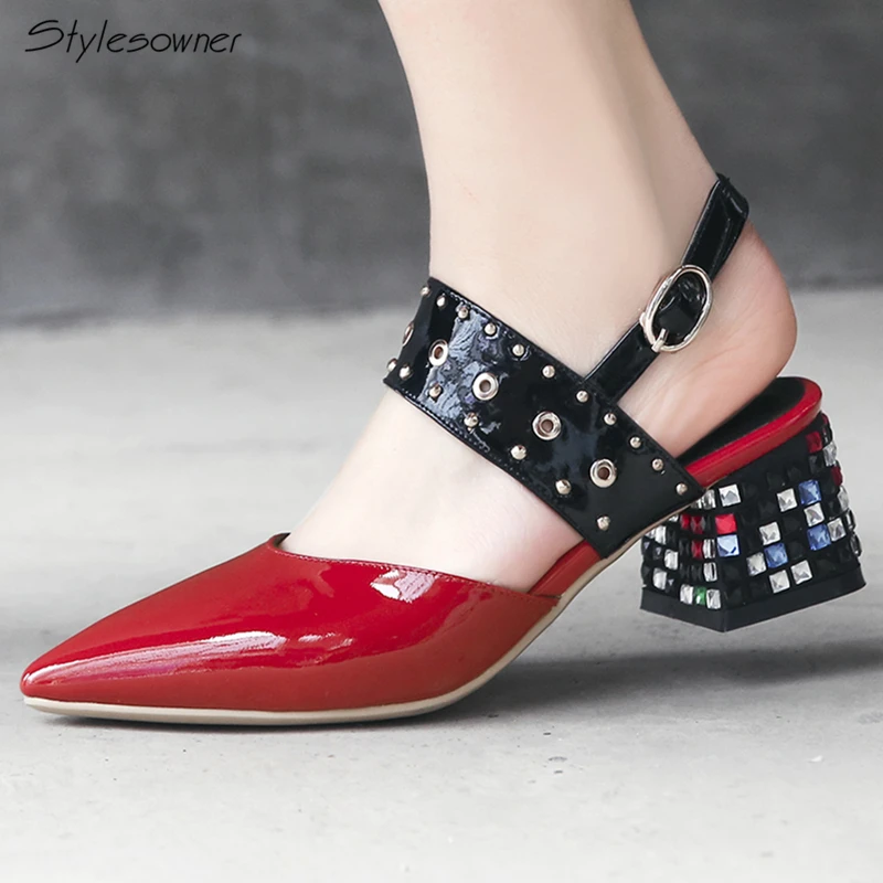 

Stylesowner New Arrival Ankle Lace Pumps Chunky Bling High Heels Pumps Hand Placed Rhinestone Heels Shoes Shallow Mouth Pumps