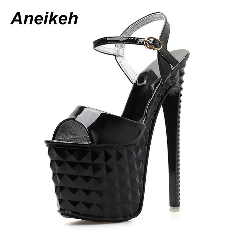

Aneikeh 2019 Patent leather Women's Sandals Thin High Heels Peep Toe Cover Heel Party Dress Office Platform Office Lady 35-40