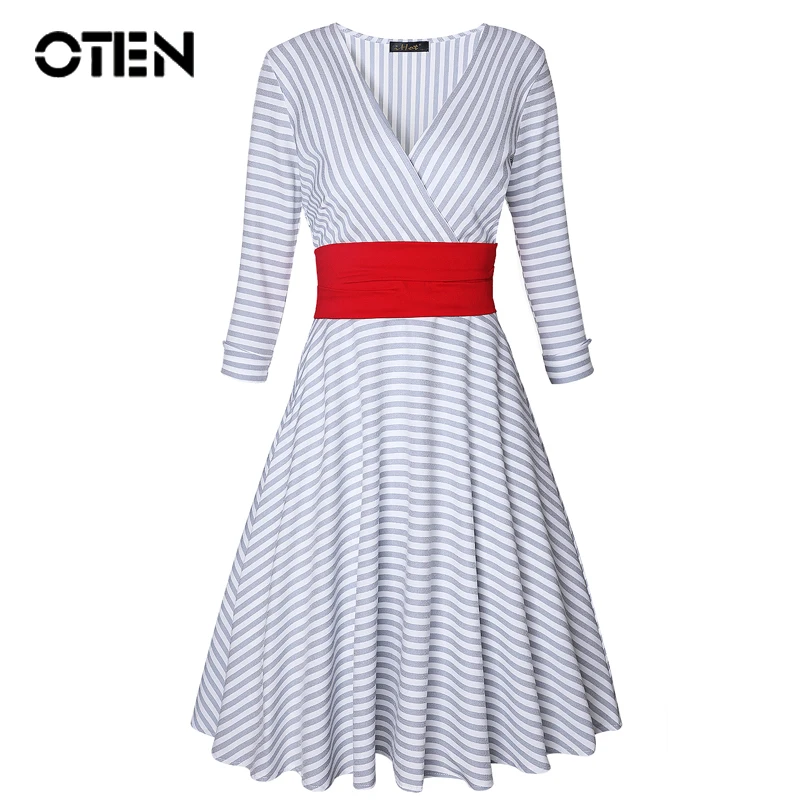 

OTEN 2018 Women spring Fashion 3/4 sleeve Sexy Deep V Neck Striped Printed Elegant ladies Casual Party Knee Length Vintage dress