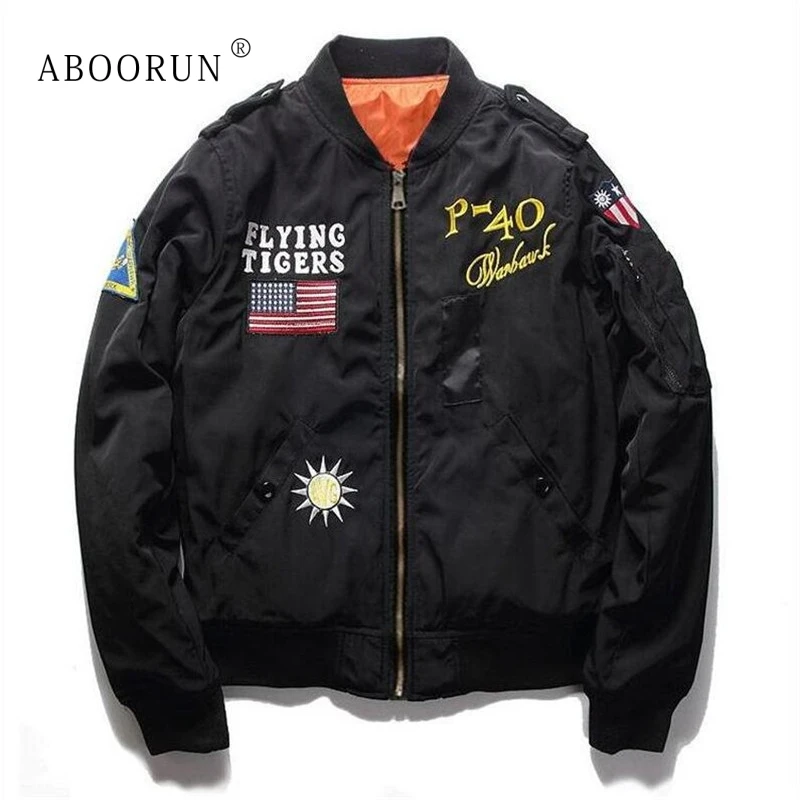 

ABOORUN Men's MA1 Bomber Jacket Flying Tigers Embroidery Jacket Spring Autumn Baseball Collar Coat for Male P8059