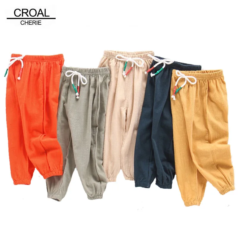 CROAL CHERIE/летние однотонные льняные детские штаны для маленьких мальчиков и девочек, штаны-шаровары для детей, детские брюки, 90-130 см