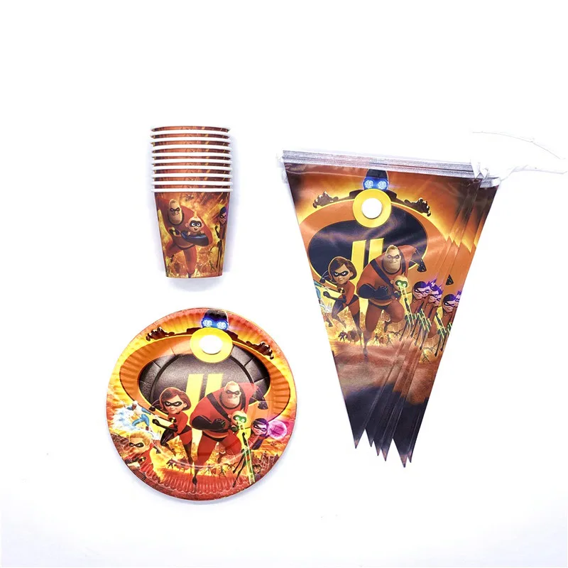 

60pcs/lot The Incredible theme party tableware sets The Incredibles 2 theme disposable plates cups banners for 20people use