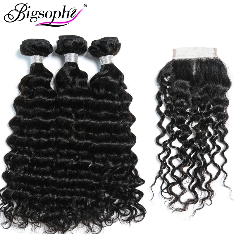 

Bigsophy Malaysian Deep Wave Hair 3 Bundles With Lace Closure Baby Hair Free/Middle/Three Part 4pcs/Lot Human 100% Remy Hair