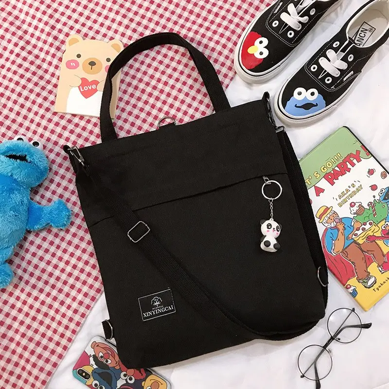 Для женщин Холст Сумка-тоут женские Повседневное сумка складные сумки для покупок пляжная сумка хлопчатобумажной ткани женские сумки из натуральной кожи с подвеска панды - Цвет: Черный