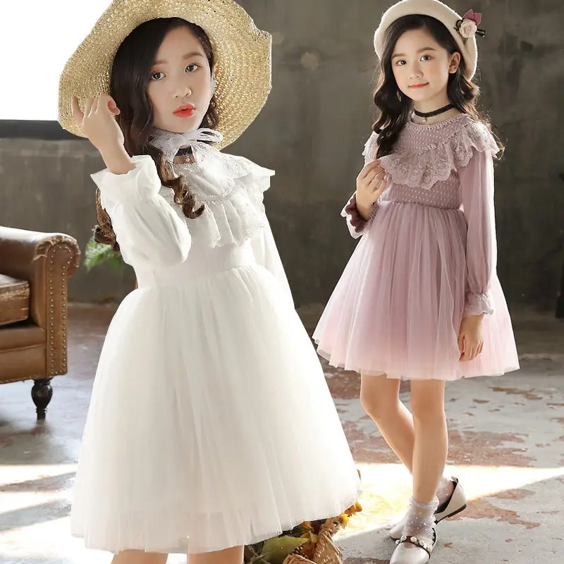 New Spring Autumn Children Lace Dot Princess Dress Teen Girls Tassel Mesh Causal Dress Kids Girl Cotton Solid Vestido Q635