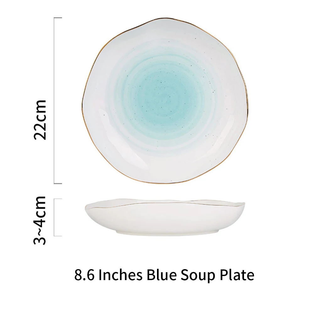 MDZF SWEETHOME набор керамической посуды с золотыми краями, миска для риса, салата, супа, тарелка для стейка, сервировочное блюдо, три стиля - Цвет: 8.6 Inch Blue