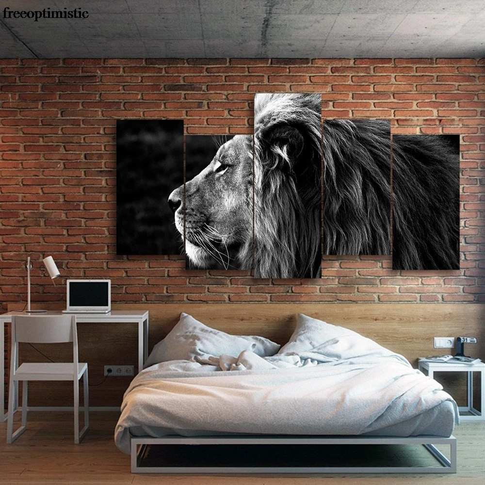 5 Panels HD Printed Black Lion Painting Canvas Print Room font b decor b font print