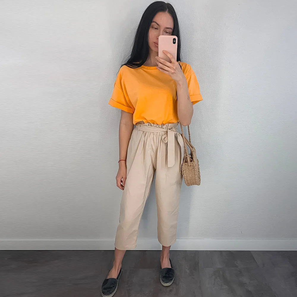 

Yanueun Casual Ankle-Length Pants With Sashes High Waist Pockets Elastic Waist All Base Match Pants New Trousers