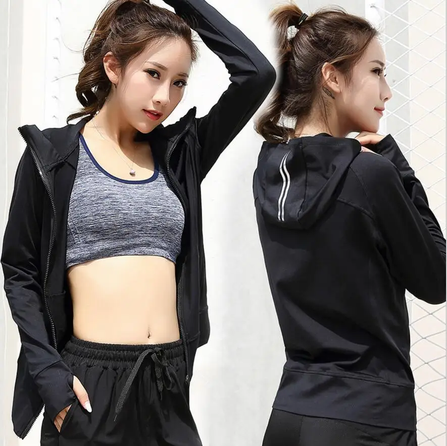 women sports jacket with Reflective strip Long sleeved hoodies Fitness