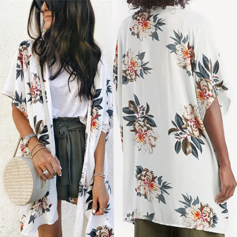 

2019 Floral Printes Kimono Shirt Women Summer Short Sleeve Chiffon Long Tunic Chic Blouse Shirt Casual Loose Beach Cardigan Tops