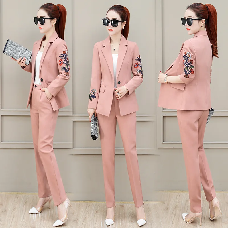 

Women's suit spring and autumn new women's embroidery suit two-piece suit (jacket + pants) women's business wear