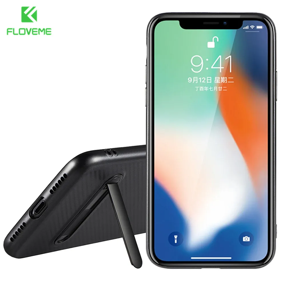 

FLOVEME Luxury Stand Case For iPhone 7 6 6s Plus Cover Phone Holder Stand Carbon Fiber Ultra Thin Silicone Cases For iPhone X 10