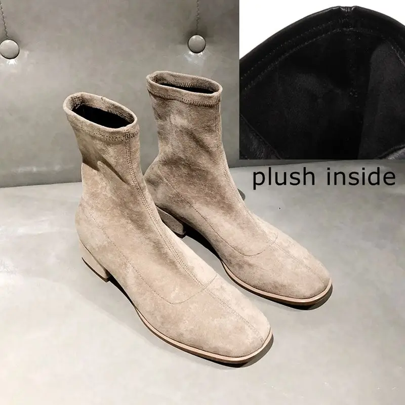 plush inside ALLBITEFO/модные женские ботинки из эластичного материала на толстом каблуке; Высококачественная женская обувь на высоком каблуке; женские ботильоны - Цвет: plush inside