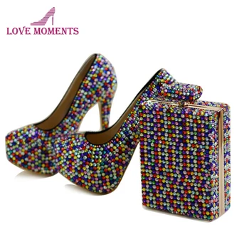 

Multicolor Rhinestone Formal Dress Shoes with Clutch 5 Inches High Heel Crystal Stilettos Bridal Wedding Shoes Platforms Size 45
