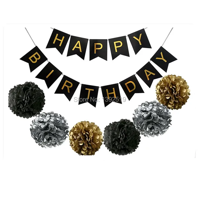 black gold decoration set happy birthday banner fluffy pom poms best