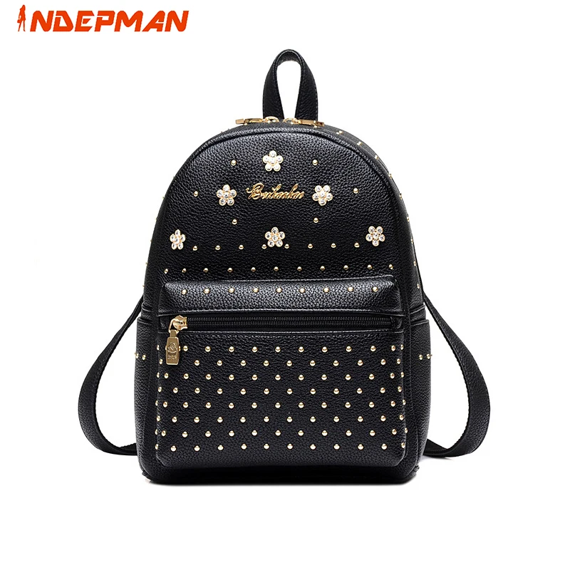 Floral Rivets Leather Backpack Women Escolar Rucksack for Teenage Girls Fashion Solid Zipper Back Pack Black