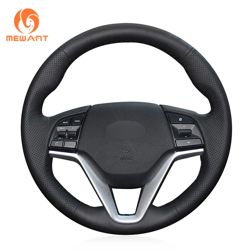 MEWANT Black Genuine Leather Comfortable Hand Sew Car Steering Wheel