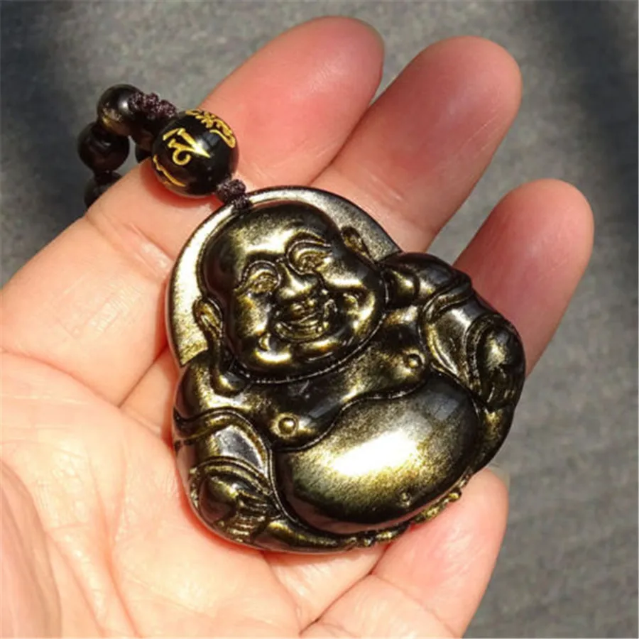 

Natural Gold Obsidian Pendant Jewelry For Woman Man Gift Reiki Crystal Maitreya Buddha Shape 43x10mm Beads Roper Chains AAAAA