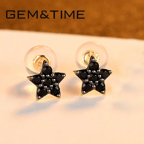 Gem&Time Korean 14K Pure Gold Bling Zircon Star Stud Earring for Women Dating Shiny White/Black CZ Statement Fine Jewelry E14090 - Цвет камня: Black