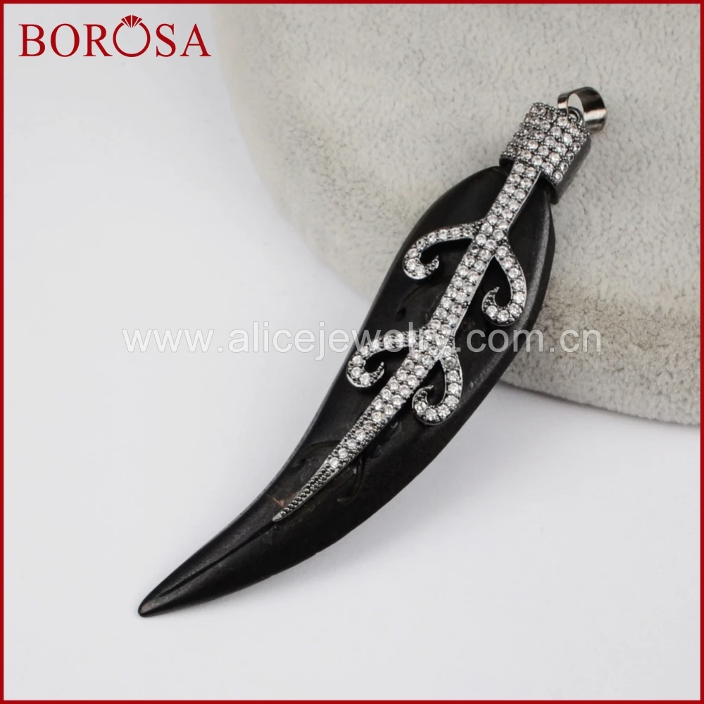 

BOROSA Natural Black OX Bone Carved Leaf Pendant Micro Pave CZ Crystal Zirconia Fashion Pendant Bead WX465