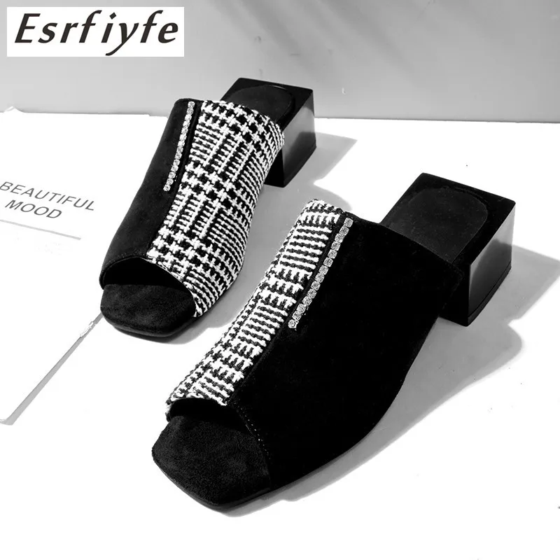 ESRFIYFE/ г. Новые летние женские шлепанцы, большой размер 34-48 обувь с открытым носком на высоком квадратном каблуке Женские повседневные туфли без задника наивысшего качества
