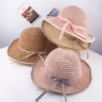 

Fashion Kids Summer Cap Breathable Solid Color Bowknot Straw Bucket Hat Baby Girls Beach Strawhat Kapelusz Lato Dziewczynka