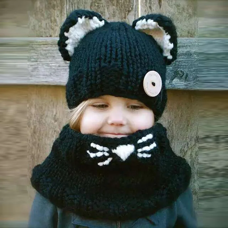 Модные детские зимние шапки для девочек и мальчиков, детский вязаный теплый набор из шапки и шарфа, детская шапочка с рисунком милого кота для девочек и мальчиков