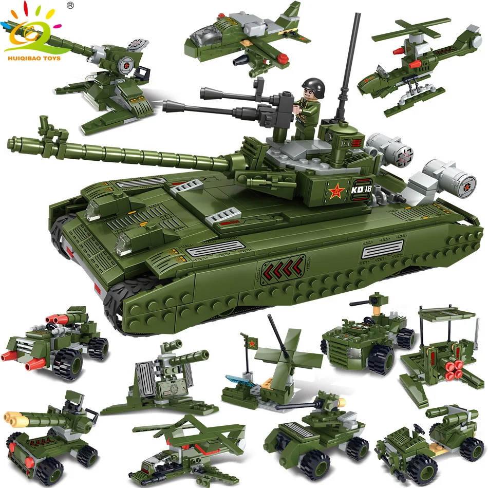 

HUIQIBAO TOYS 912pcs 12in1 Military ZTZ-99 Tank Building Blocks For Children Compatible Legoingly Army Truck Soldier set bricks