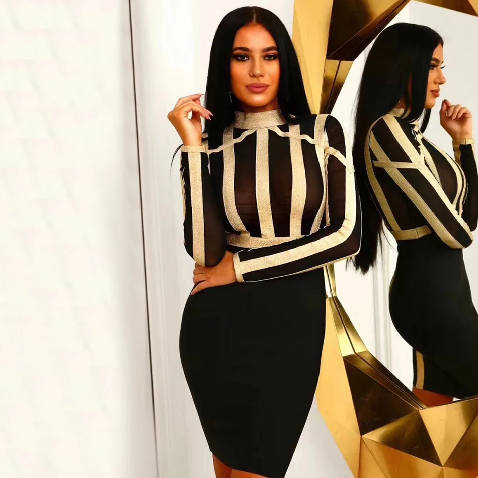 

2019 Summer New Women's Bandage Dress Sexy Long Sleeve Striped Perspective Dress Bodycon Vestidos Club Celebrity Party Dress