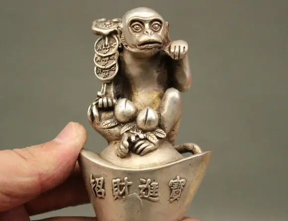 

free China Feng Shui Silver Peach Coin Zodiac Monkey On Wealth YuanBao Statue Figurine fast