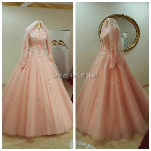 Oumeiya OW555 With font b Hijab b font Ball Gown High Neck Long Sleeve Pink Color