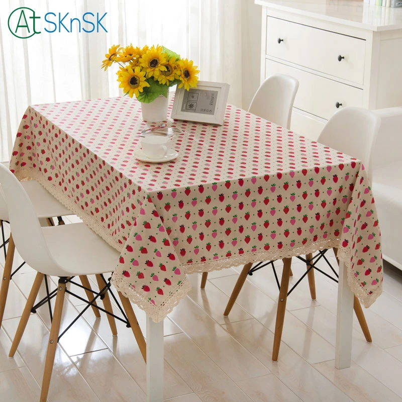 

New Arrival Household multi-function lace edge table cover rustic strawberry banana printed tea table cotton linen tablecloths