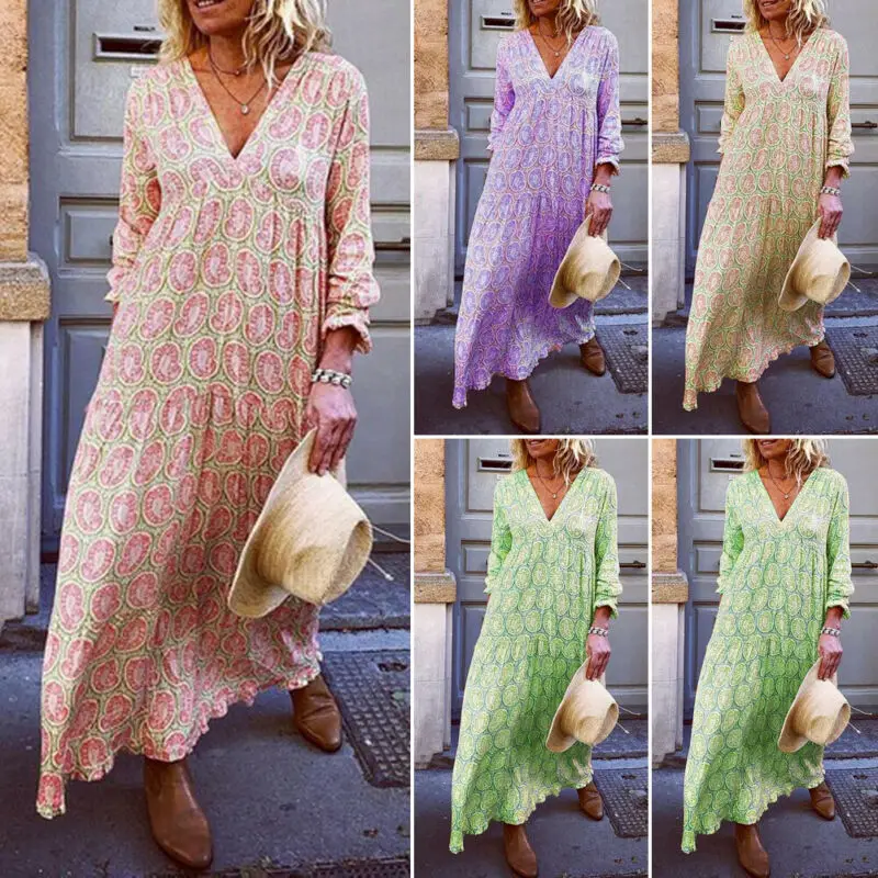 

Womens V Neck Boho Floral Long Sleeve Summer Beach Evening Beach Maxi Dress