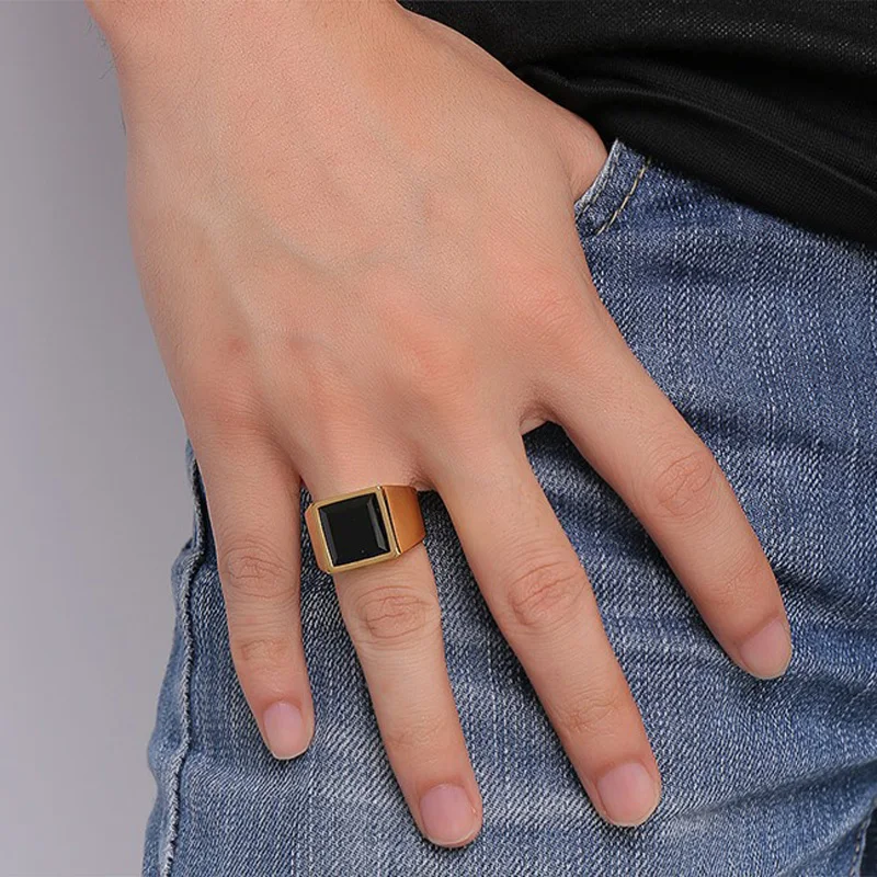 Anillos de sello de piedra negra para hombre, tono dorado, inoxidable, negocios, oficina, fiesta, Regalos para Él _ Mobile