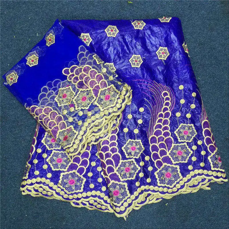 

Blessing Blue brocade fabric beaded Bazin Riche getzner with 2 yards french lace Bazin riche embroidery for women dress -30