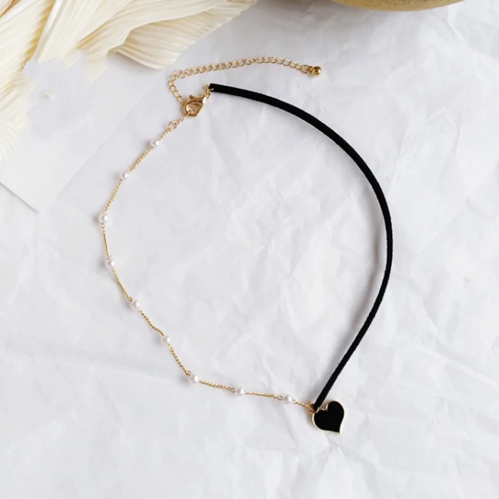 Simulated Pearl Choker Necklace For Women Black Red Velvet Heart Pendants Necklaces Punk Gothic Chokers Neck Jewelry