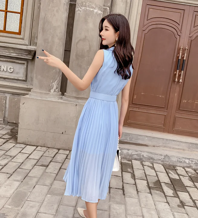 Dingaozlz النساء فساتين الصيف 2019 جديد أزياء ألف خط مطوي الشيفون اللباس Vestidos أكمام OL اللباس